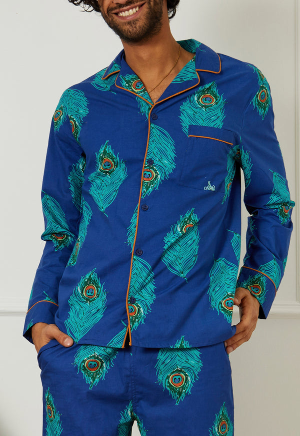 Mens Cotton Traditional Pyjamas Navy Peacock THEIR NIBS