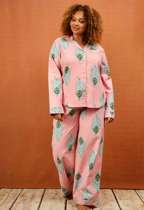 Womens Traditional Satin Pyjama Set, Warm Pink Peacock Feather – THEIR NIBS