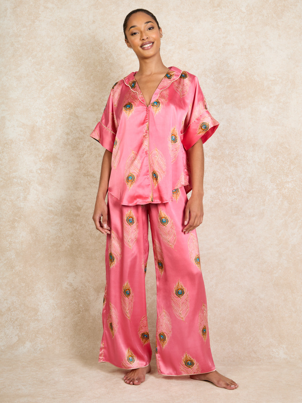 Womens Satin Oversize Scallop Pyjamas Pink Gold Peacock Feather – THEIR ...