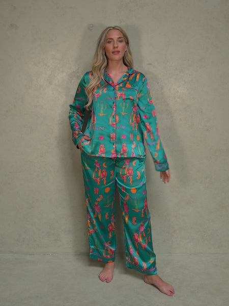 Womens Satin Traditional Pyjamas Neon Cowboy