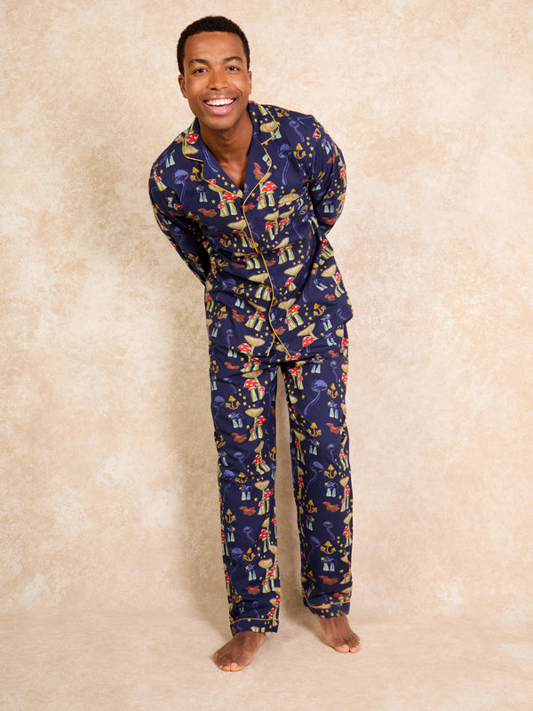 Mens Cotton Traditional Pyjamas Navy Mushroom