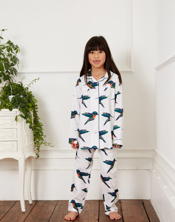 Women's Cotton Traditional Pyjamas in White with Hummingbird Print