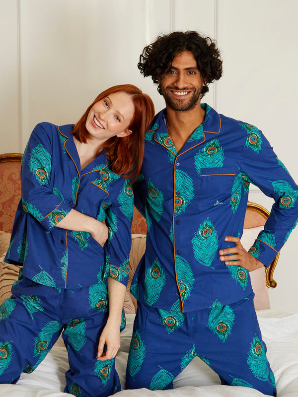 Mens Cotton Traditional Pyjamas Navy Peacock THEIR NIBS