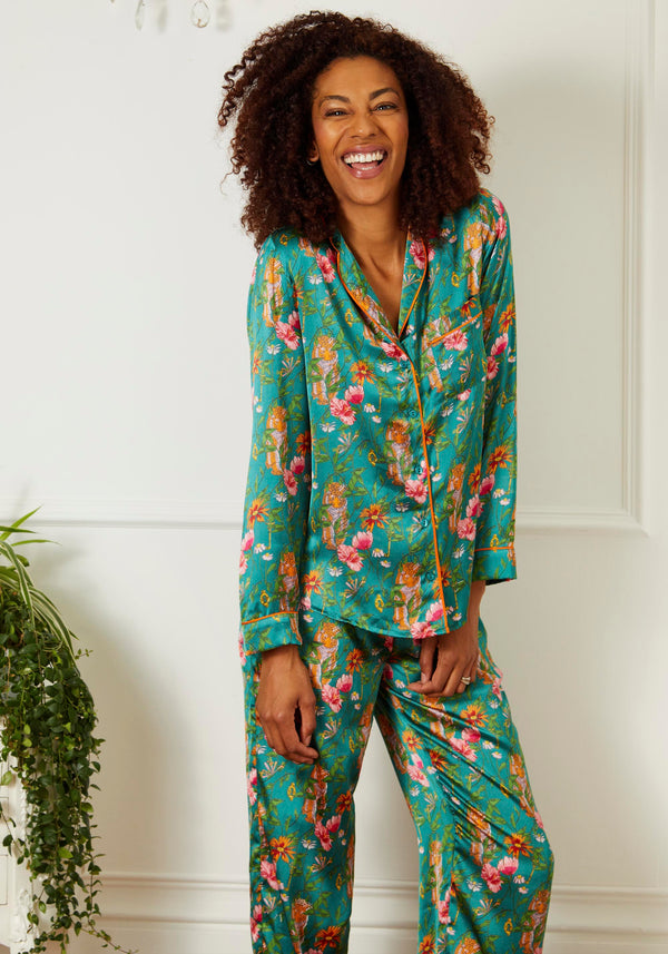 Womens Satin Traditional Pyjamas Teal Secret Garden – THEIR NIBS